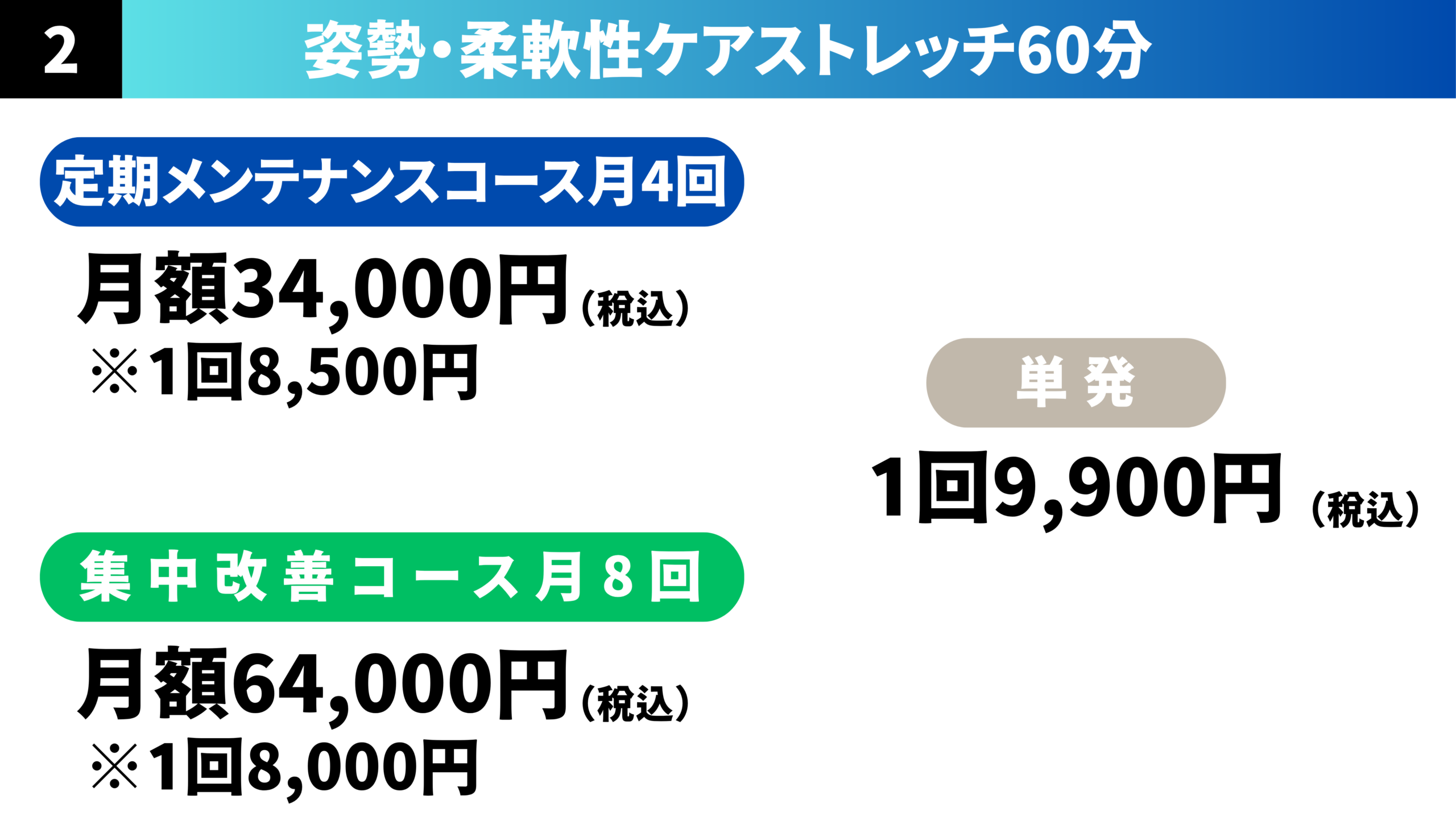 姿勢柔軟性ケアストレッチ60分
定期メンテナンスコース月4回、月額34000円（税込）1回8500円
集中改善コース月8回、月額64000円（税込）1回8000円
単発1回9900円（税込）