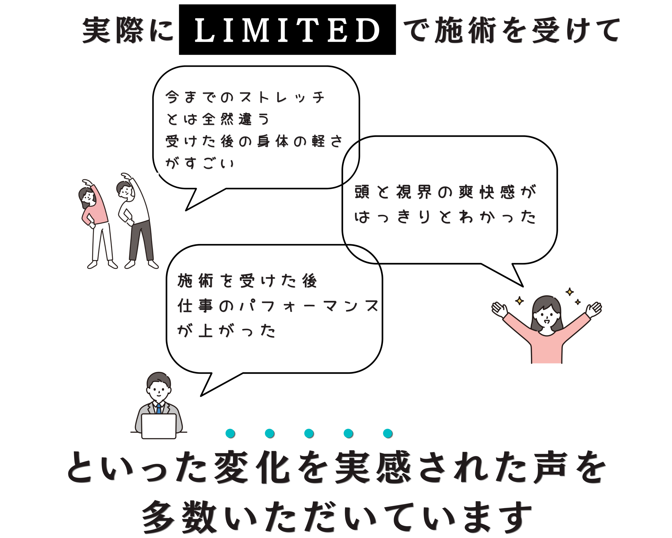 実際にLIMITEDで施術を受けて
今までのストレッチと全然違う受けた後の身体の軽さがすごい
頭と視界の爽快感がはっきりとわかった
施術を受けた後仕事のパフォーマンスが上がった
といった変化を実感された声を多数いただいています